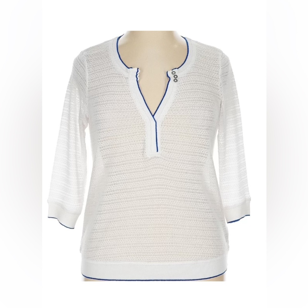 Anthropologie White Long Sleeve Top with Blue Trim